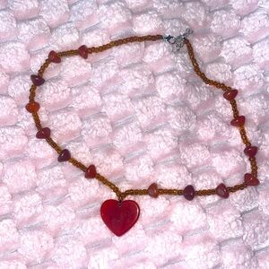 Fairycore Necklace Vintage Brown Red Earth Tone Jewelry Beaded Heart NWOT chunky
